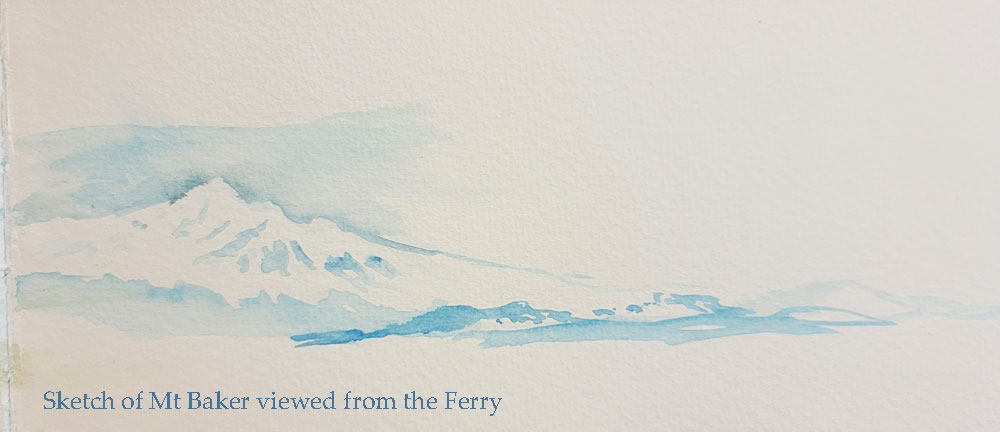 sketch of Mt Baker, Washington from the deck of the Ferry
